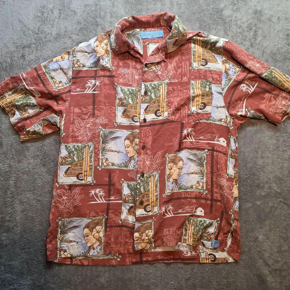 Bermuda Bay Button Up Shirt Mens 2XL Multicolor Hawaiian Surf Car Tropical